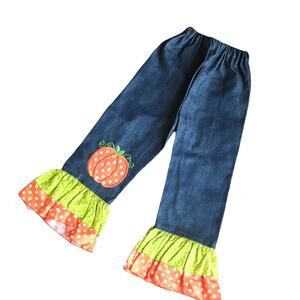 Girls Hand Made Jeans Size 3 4 Pumpkin‎ Ruffle Blue Orange Green Handmade